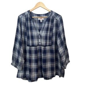 Wrangler Women's Large Blue Plaid Relaxed Babydoll 3/4 Sleeve Casual Blouse